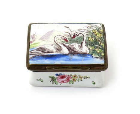 An English enamel rectangular snuff box, c.1760-70, the lid painted with two swans swimming before reeds, the sides with flow
