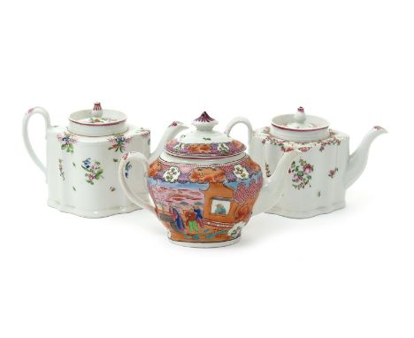 Three New Hall teapots and covers, late 18th century, two of silver shape and painted with simple floral patterns in numbers 
