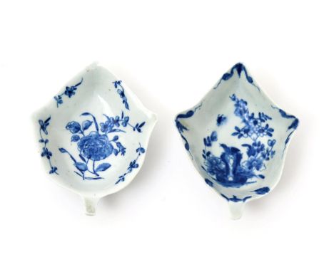 Two Worcester blue and white pickle leaf dishes, c.1755-60, one painted with the Rose and Floral Spray pattern, the other wit