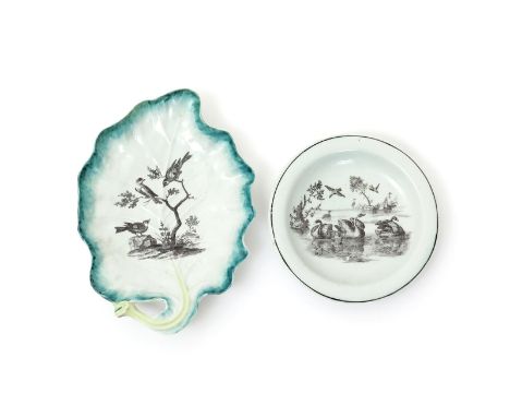 A Worcester leaf dish, c.1760, printed in black with three songbirds perched on and around a low branch, the rim edged in gre