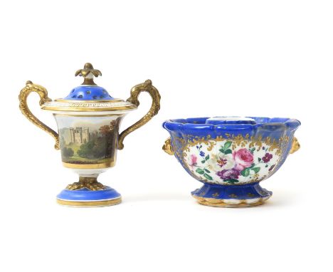 A Doe and Rogers (Worcester) vase and cover, c.1830, painted with a view of Eastnor Castle reserved on a blue ground, the dom