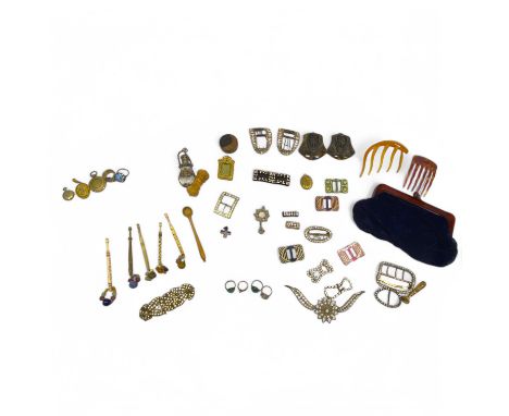 Collection Of Costume Jewellery And Curios Including A Gold Plated Stanhope Ring, Various Buckles, Gold Plated Lockets And Si