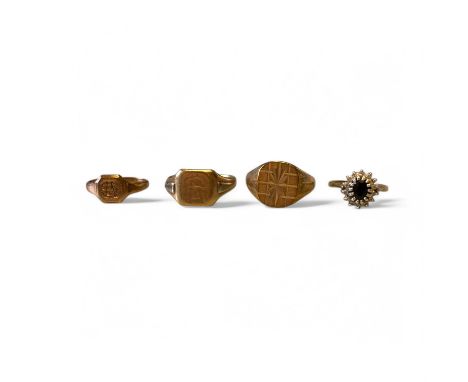 A Group Of 4 9ct Gold Rings Including 3 Signet Rings (one band split) And A Sapphire Ring.  Gross Weight: 16.6g