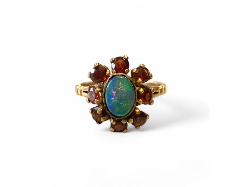 9ct Yellow Gold Garnet And Probably Triplet Opal Ring Size P Approximately  Weight: 3.1g