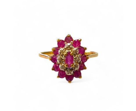 9ct Yellow Gold Ruby & Diamond Cluster Ring  Size: R Approximately  Weight: 2.4g