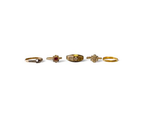 Three 18ct yellow gold rings (some stones missing) sizes I,J,M weight approximately 5.4g, a ring marked 333 size Q approximat