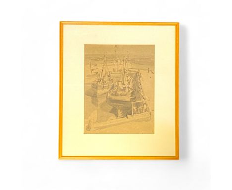 Leslie Gibson (1910-1969) ink and wash "Seahouses Northumberland" 1933 signed and dated with label verso dated 1933. Framed 1