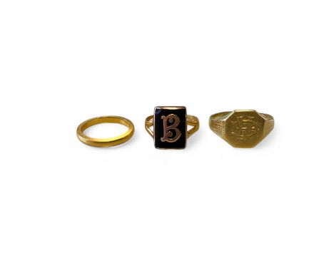 A Group Of 3 Gold Rings. To Include A 18ct yellow Gold Signet Ring Size R Approximately, A 22ct signet ring Size K 1/2 Approx