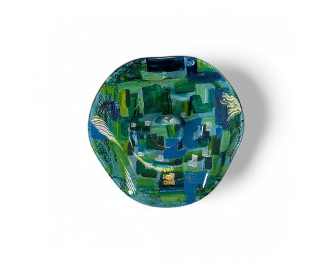 A large contemporary art glass dish, with geometric abstract decoration in blues and greens, with artists label for Ben Chang