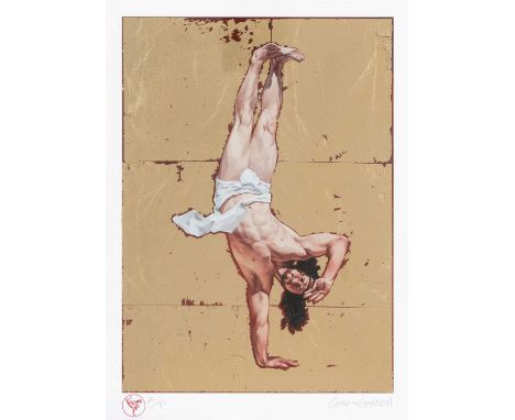 Cosmo Sarson (British), ‘Breakdancing Jesus – The Salute’, 2019, giclee print with hand applied gold leaf on paper, signed an