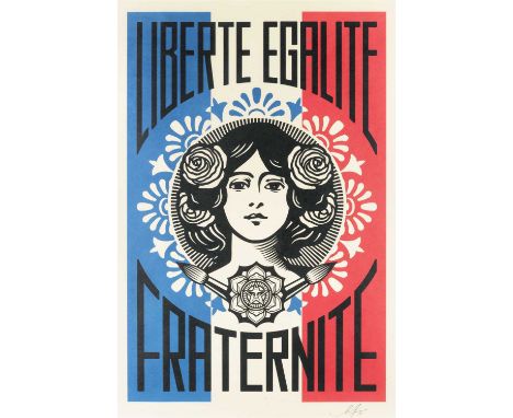 Shepard Fairey (American b.1970), 'Liberte, Egalite, Fraternite &amp; Make Art Not War', 2018, two offset lithographs in colo