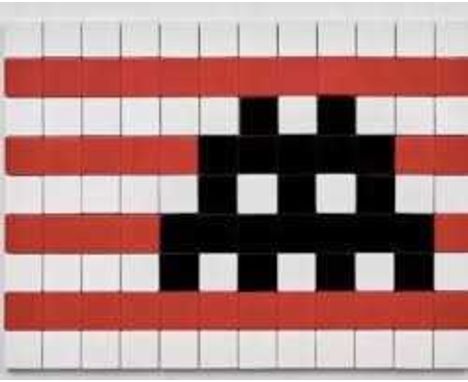 Invader (French b.1969), 'Invasion Kit #18 (LA 2018)', 2018, 108 ceramic tiles, red and white stripes background with a black