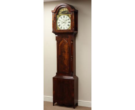 19th century figured mahogany longcase clock, canted corners with turned quarter columns, lintel shaped door, on bracket feet