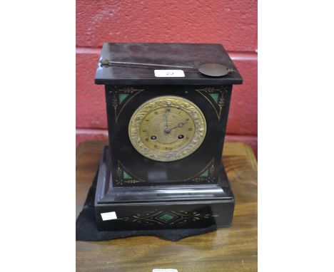 A 19th century French belge noir mantel clock, marble case inlaid with malachite, c.1870   Condition Report:  pendulum presen