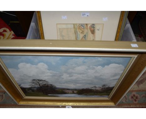 Watercolours and pictures to include rural scenes, floral pictures etc (qty); Whitworth, R N, oil on board, abbey scene, 54cm