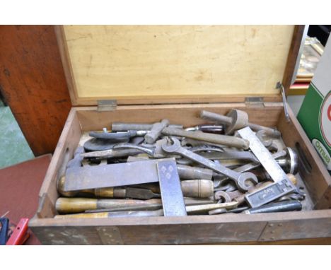 A small tool box with assorted tools including Mathieson carpenter's brace, chisels, micrometers etc.