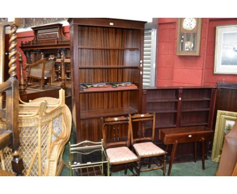 A glass and gilt metal occasional table; a mahogany plant trough; two Edwardian spindle back bedroom chairs; a pair of bamboo