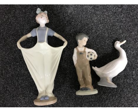 Three Nao figures; Boy with football, Clown and Duck