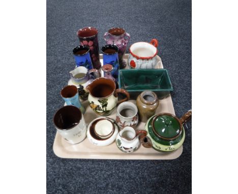 A tray of assorted pottery including vases, tourist pottery teapot and milk jug, etc  