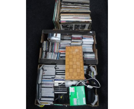 Three boxes of LP's and CD's, classical, digital camera, Nokia mobile phone, together with a chess set