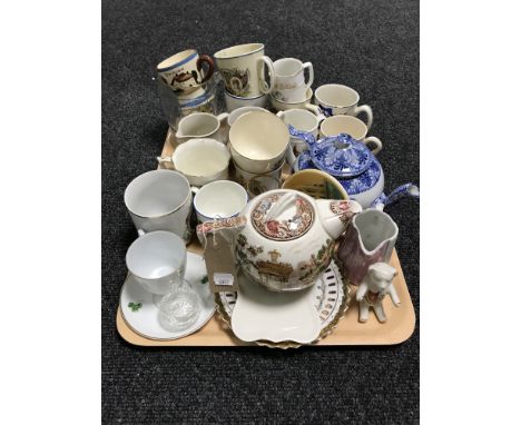 A tray of commemorative tea cups and mugs, Goss pieces, Mid Winter teapot, etc 