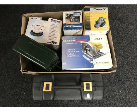 A cased Pro multi saw together with  box containing assorted power tools