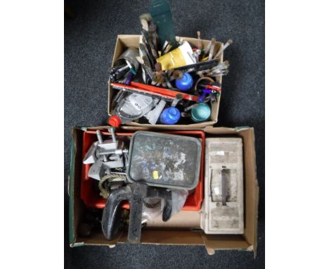 A boxed wall paper stripper, two boxes of hand tools, cobblers last, brass door handles, artists brushes and supplies 