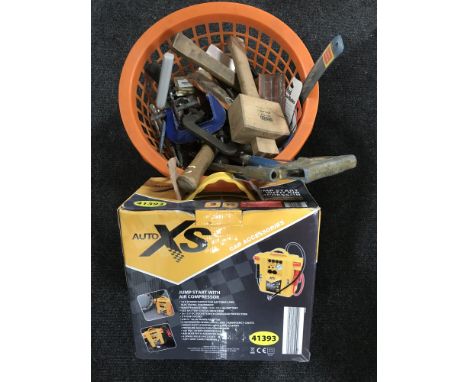 An Auto XS car jump starter, two boxes of hand tools, mitre saw, vintage brass fire extinguisher, etc 