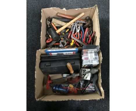 Two boxes containing assorted hand tools, cased Draper socket set, mini screwdrivers etc