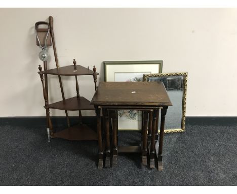 A nest of three oak tables, corner what not stand, shooting stick, walking stick, framed tapestry and gilt framed mirror 