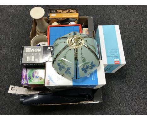 Two boxes containing candle holders, alarm clocks, cool box, wheel trims, windscreen wipers together with a glass light shade