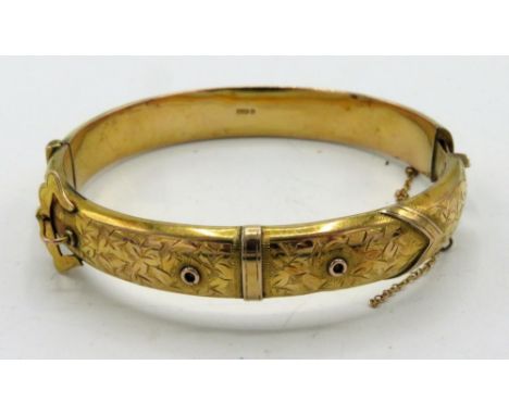 Victorian 9ct gold hinged bangle with bright coloured decoration 