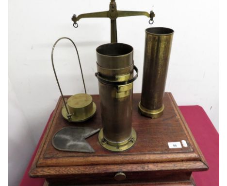 Set of late 20th C lacquered brass industrial scales, in fitted oak cabinet, makers mark S &amp; R, numbered 806 