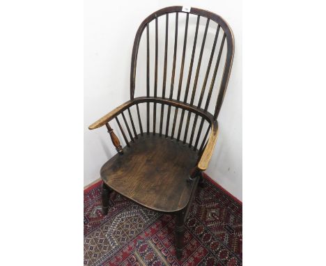 19th C ash and elm stick back Windsor armchair on turned supports, joined by an H stretcher 