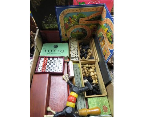 Two vintage turned wooden chess sets, vintage Monopoly with board, playing cards, Dolnetsch Descant recorder in box and other