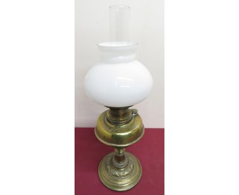 20th C "Young's 20 Inch Court Central Draft" oil lamp, with brass reservoir and opaline shade (height 58cm) 