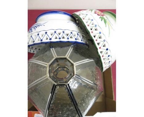 Two continental fruit bowls, two chrome plated lamp shades 