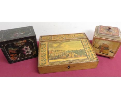 Early 20th century slope top writing box, hinged cover with a print "The Chain Pier Brighton", hinged compartment with two fu