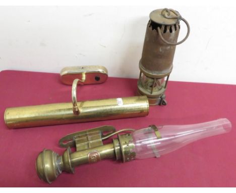 A Davey safety lamp by Richard Johnson Clapham and Morris Ltd, Manchester, brass finish picture light, and a 'GWR' lamp (3) 