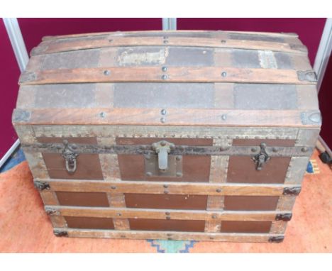 Victorian dome top wooden and metal bound trunk (76cm x 50cm x 56cm) 