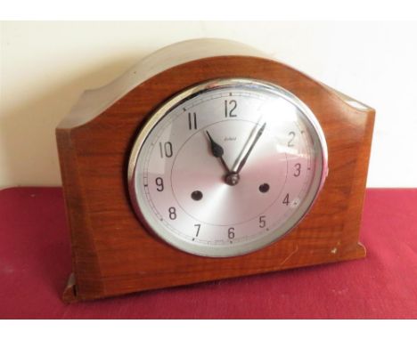 1930's Enfield walnut cased striking mantel clock, chromium plated bezel, silvered dial with Arabic numerals, twin train move
