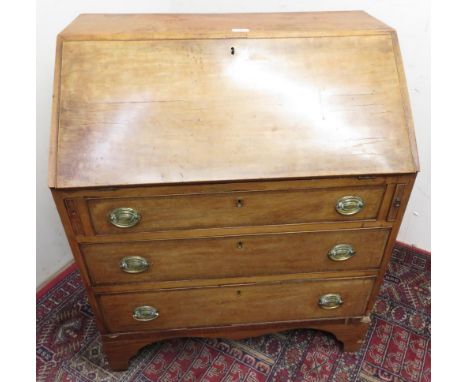 Small 19th C mahogany bureau, fall front above three  drawers on bracket feet. (W77cm x D47cm x H91cm) (AF) 