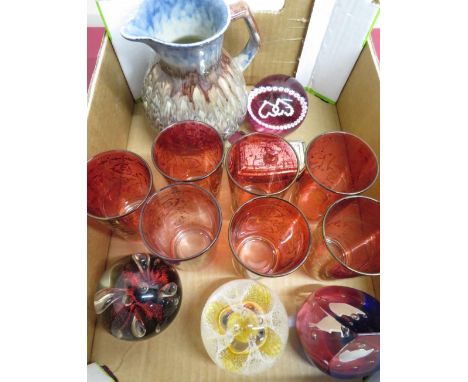 Caithness "Snow Dance" paper weight No.189/350, "Congratulation" and "Moonflower" paperweights, seven ruby tinted tumblers wi