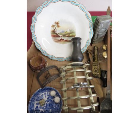 19th C Minton style porcelain plate painted with landscape decoration, Doulton Lambeth glazed stoneware match holder, blue an
