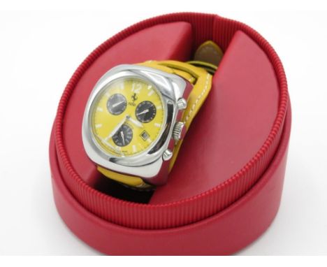 Ferrari Automatic chronometer wrist watch with day, date and month.  Stainless steel case on leather strap. Case back stamped