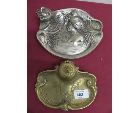 Small early 20th C brass ink well, hinged lid with ceramic liner, decorated in relief with ribbon tide foliage (W16cm), a cas