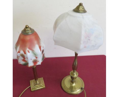 Edwardian brass table lamp with urn shaped column and glass shade, and a small corinthian column brass table lamp with painte