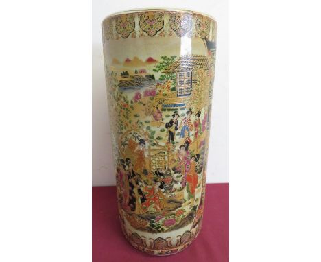 Japanese Satsuma pottery cylindrical stick stand, decorated with figures in a garden landscape (H6cm) 