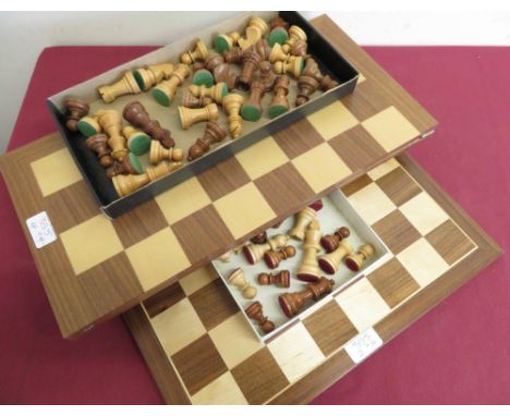 Two turned wooden chess sets on chessboards, one folding (kings H7.5cm) 