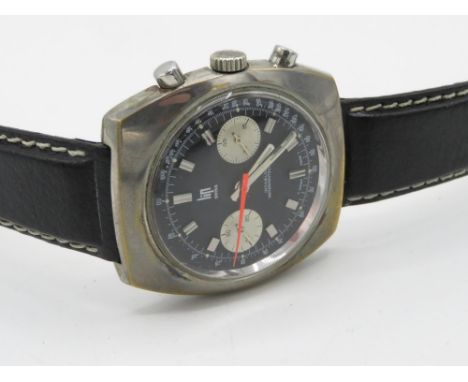 Lin hand wound chronograph wristwatch, stainless steel case on leather strap. Case back stamped and numbered 91007V seventeen